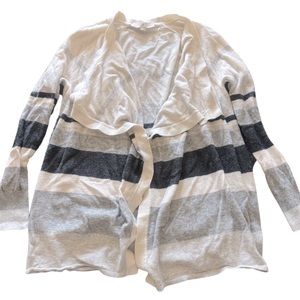 Loft Ladies Cardigan Sweater, open front, grey/white striped, size M